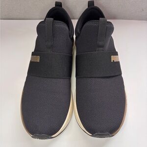 Puma Women's Black and Gold Slip-On Sneakers